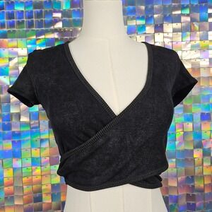 FOREVER 21 Black Washed Denim Look Wrap Crop Top Short Sleeve V Neck